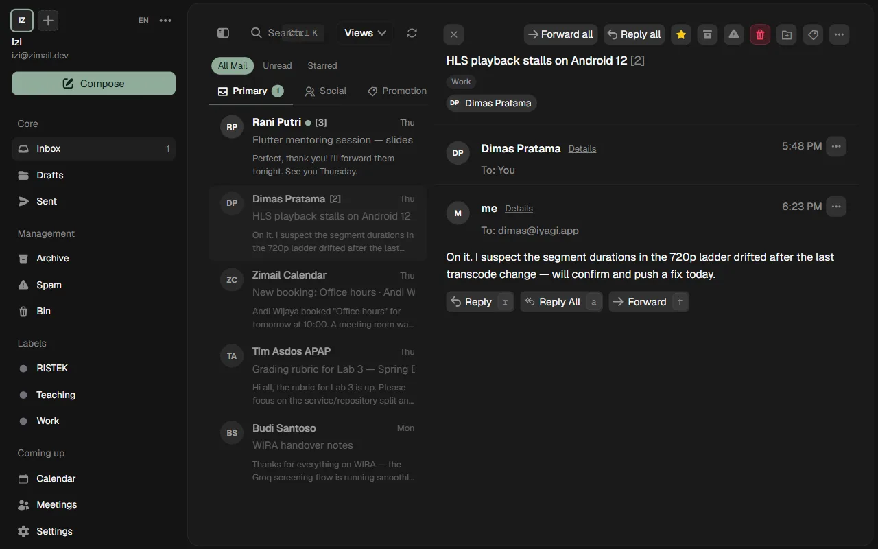 Zero interface — two-pane inbox with inbox tabs, labels, and upcoming events